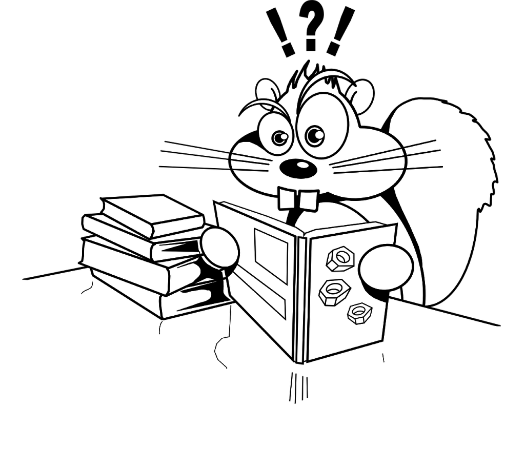 Tegneseriefigur - et ekorn som leser bøker, og ser ut som det er forvirret